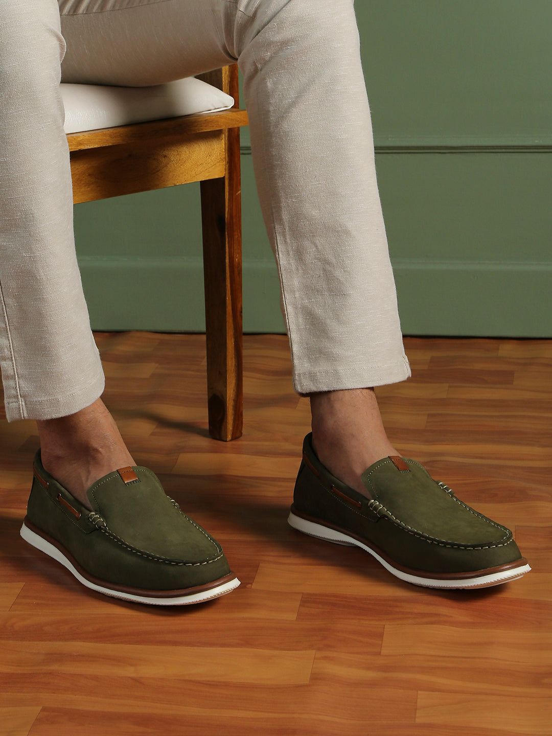 Mens Olive Party Wear Solid Round Toe Loafer Shoes