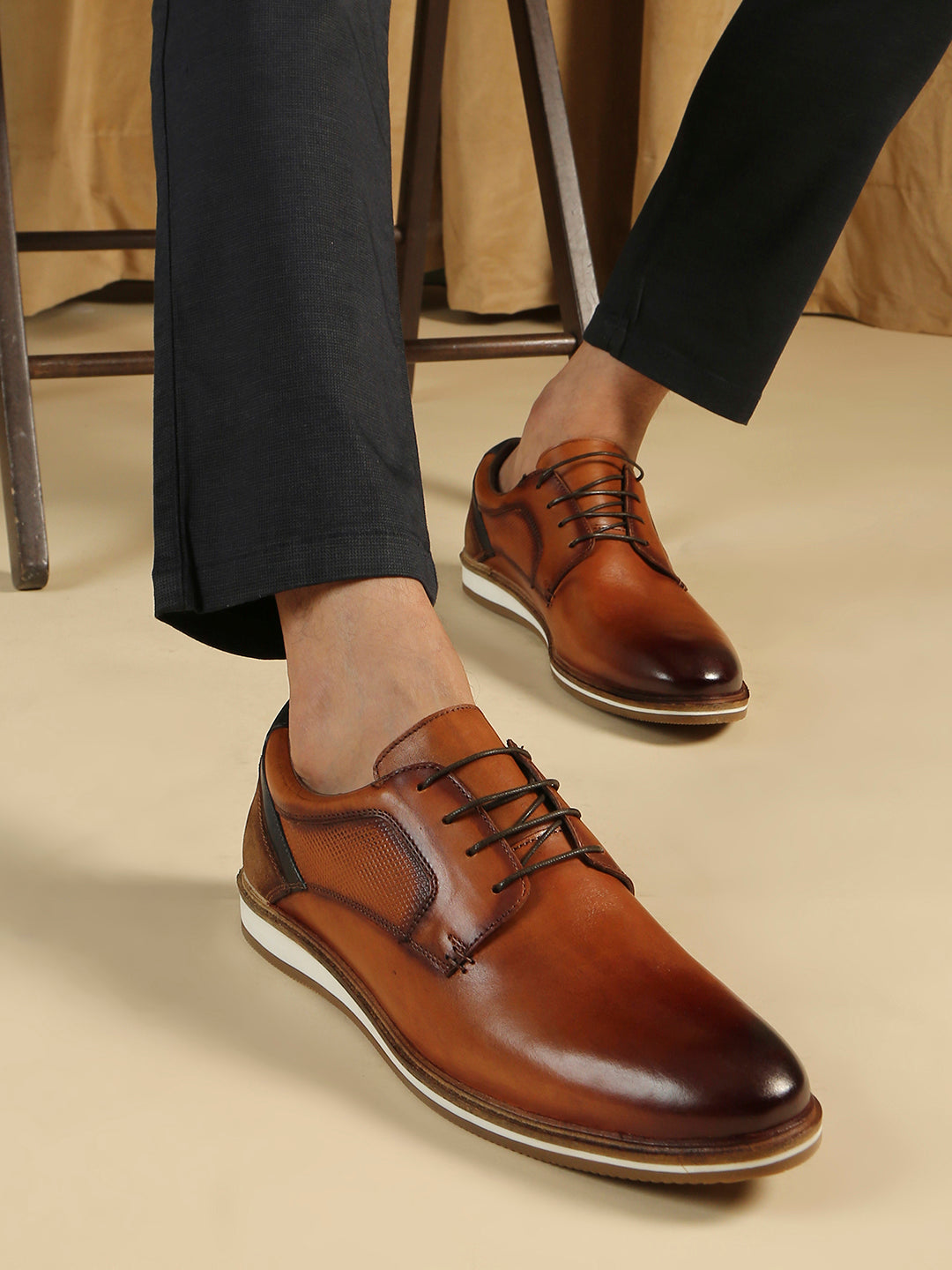 Mens Tan Ethnic Wear Solid Round Toe Derby Shoes