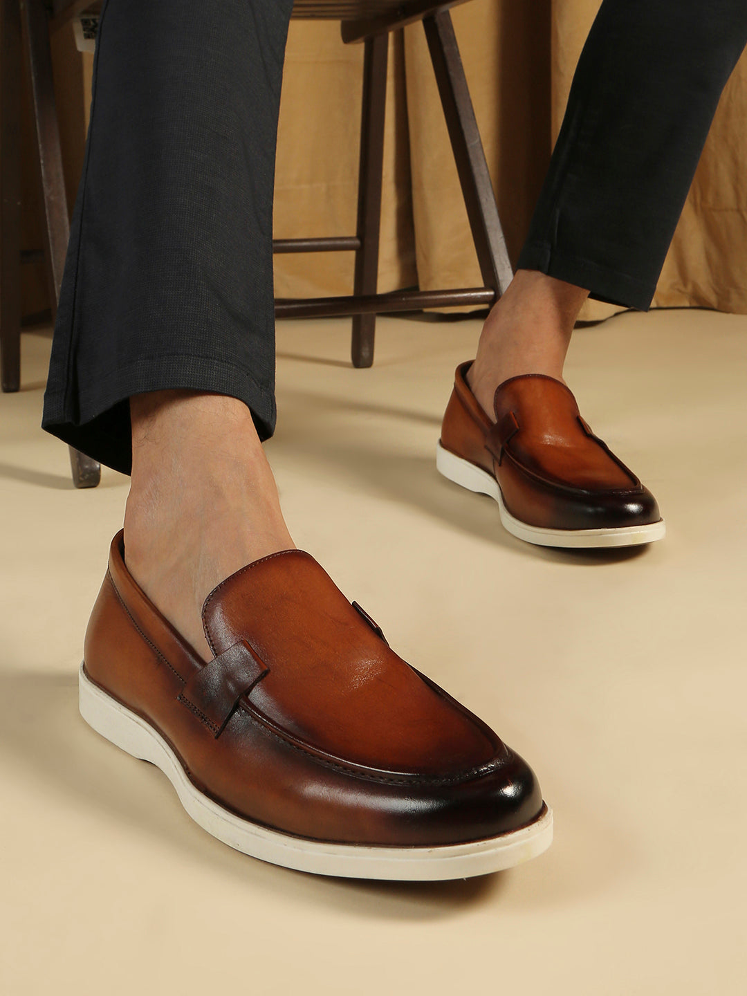 Mens Tan Party Wear Solid Round Toe Loafer Shoes