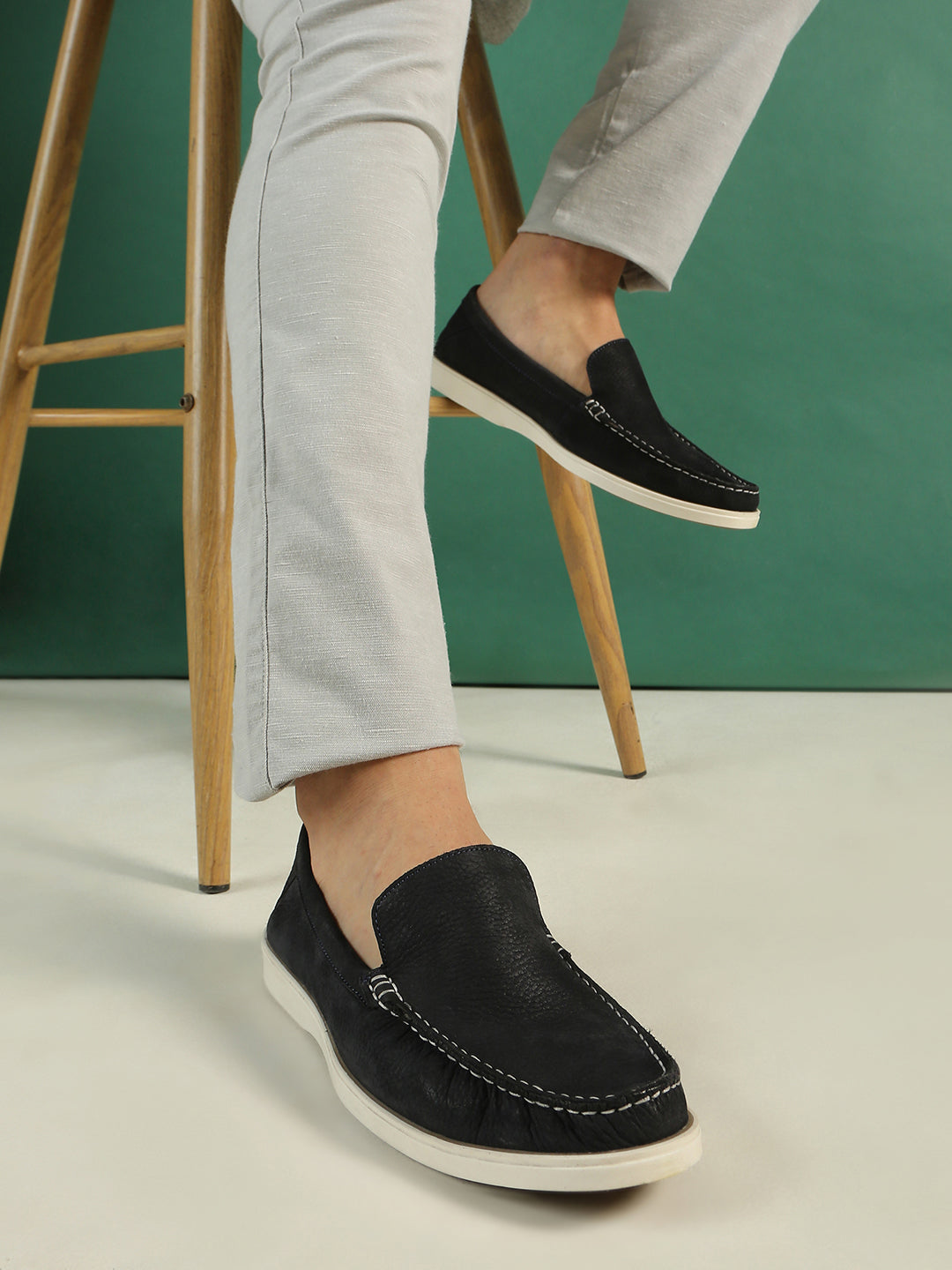 Mens Navy Party Wear Solid Round Toe Loafer Shoes