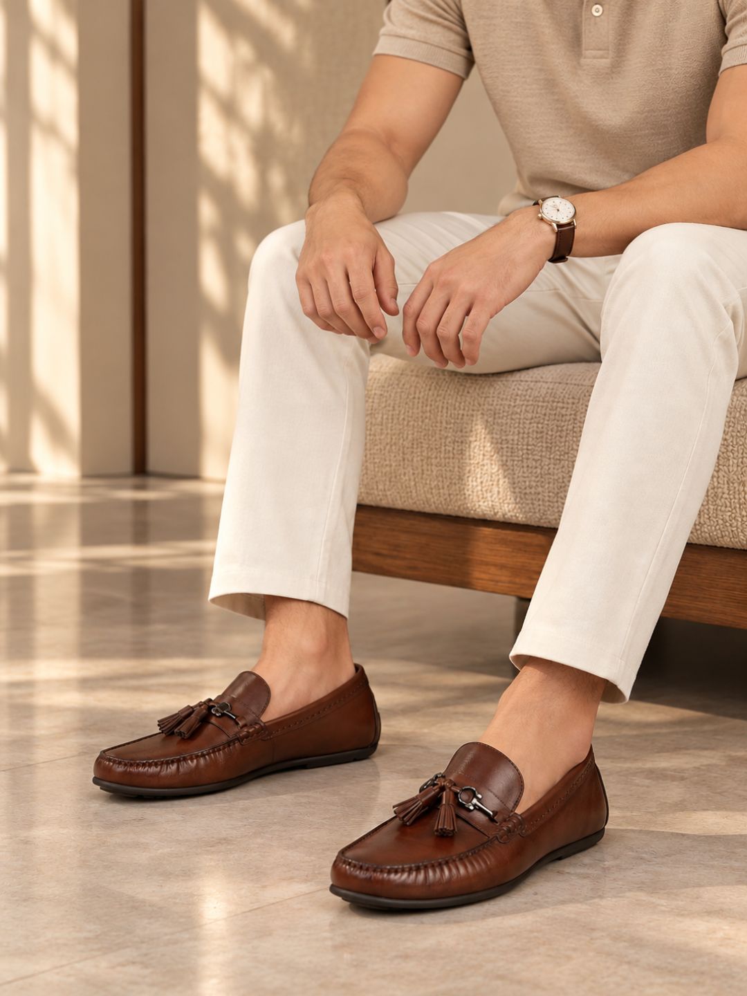 Mens Tan Casual Solid Round Toe Loafers