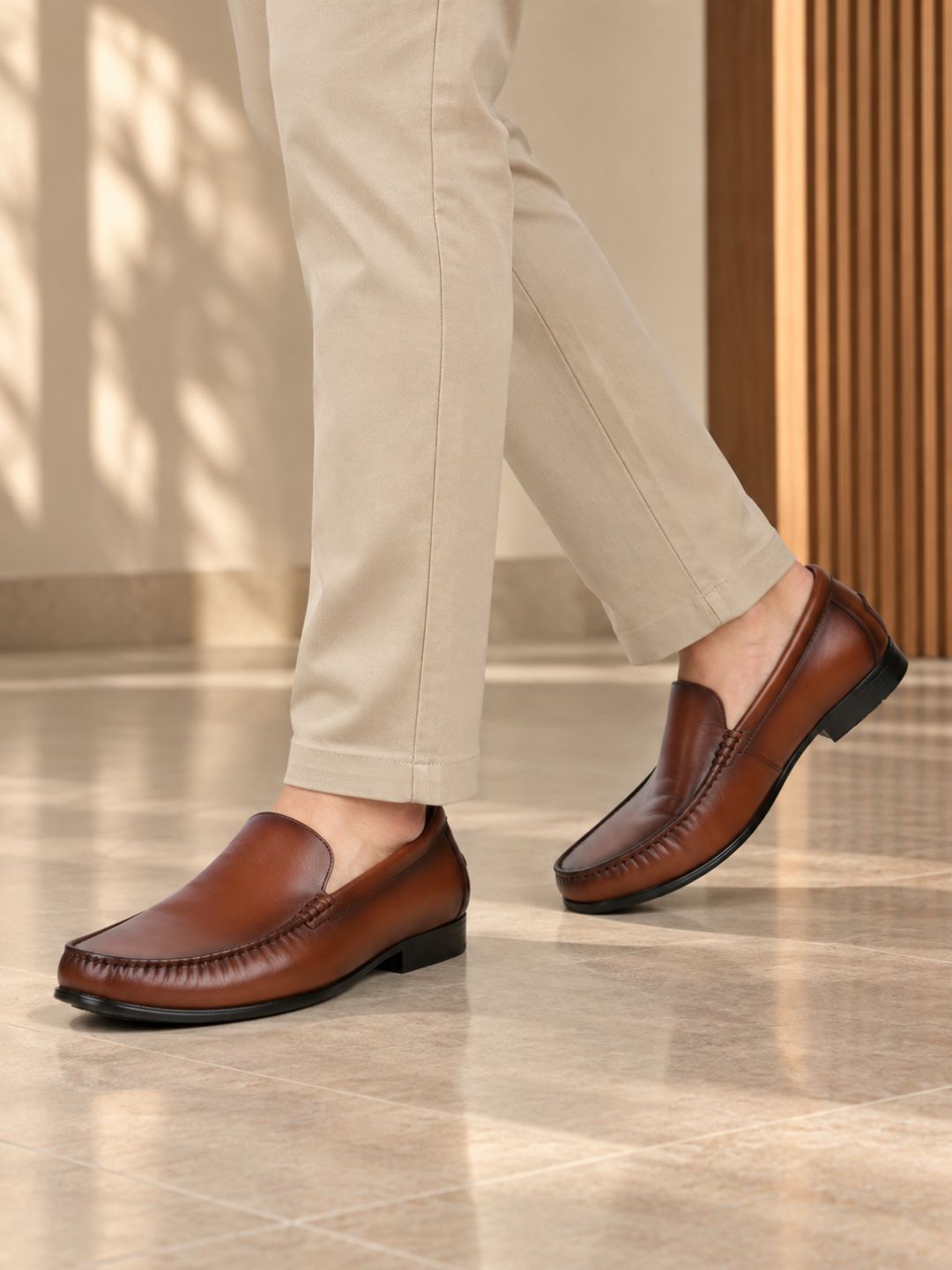 Mens Tan Formal Solid Pattern Square Toe Loafers