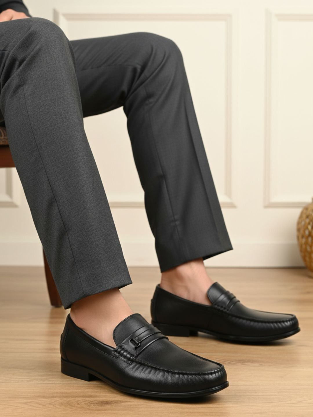 Mens Black Formal Solid Square Toe Loafers