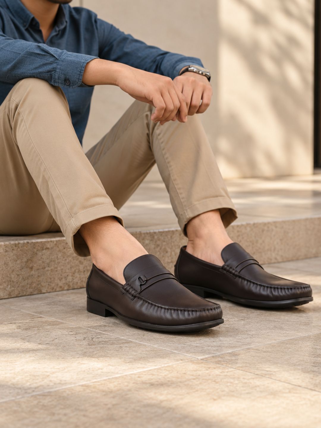 Mens Brown Formal Solid Square Toe Loafers