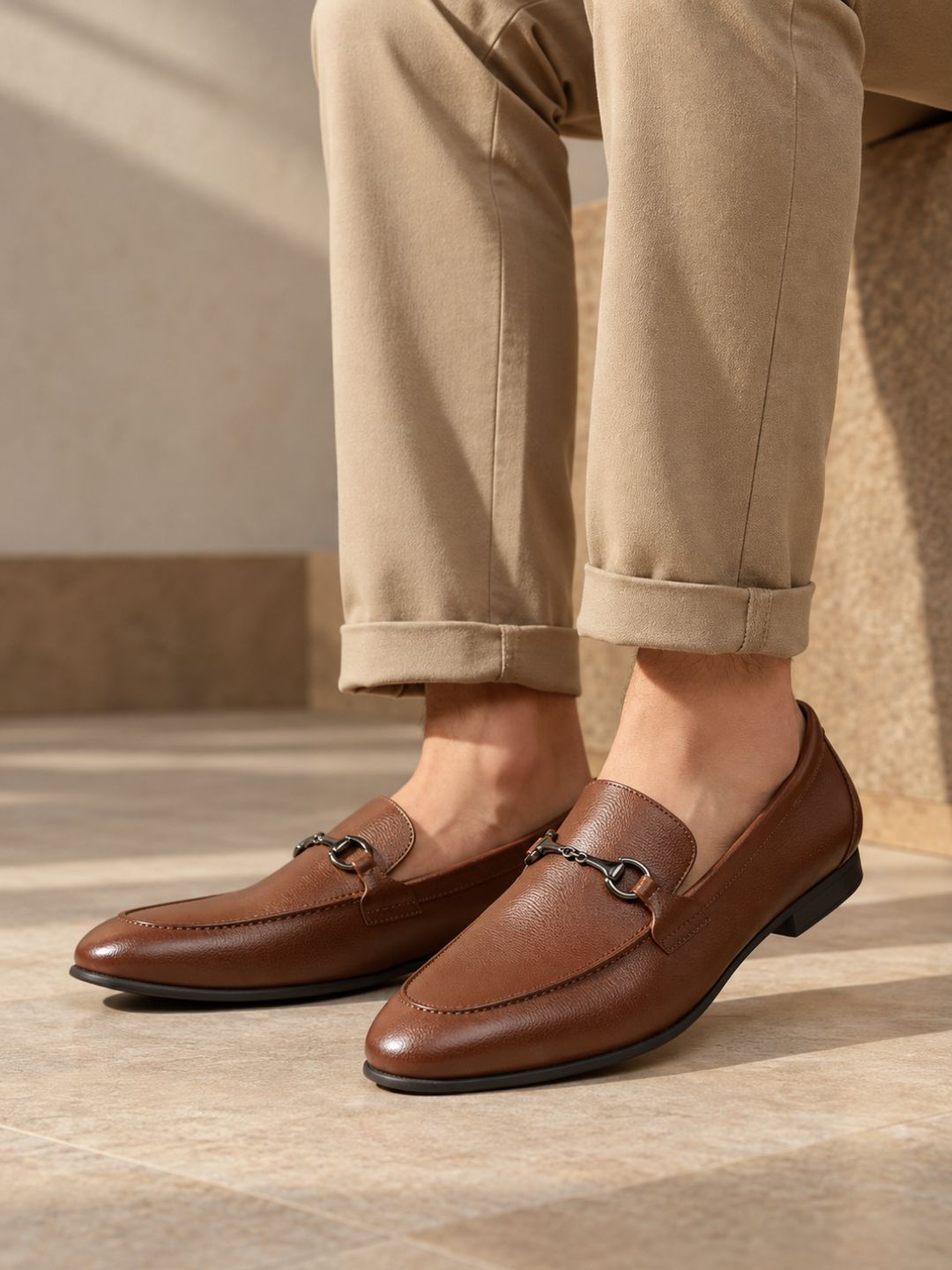 Mens Tan Formal Solid Pointed Toe Moccasin