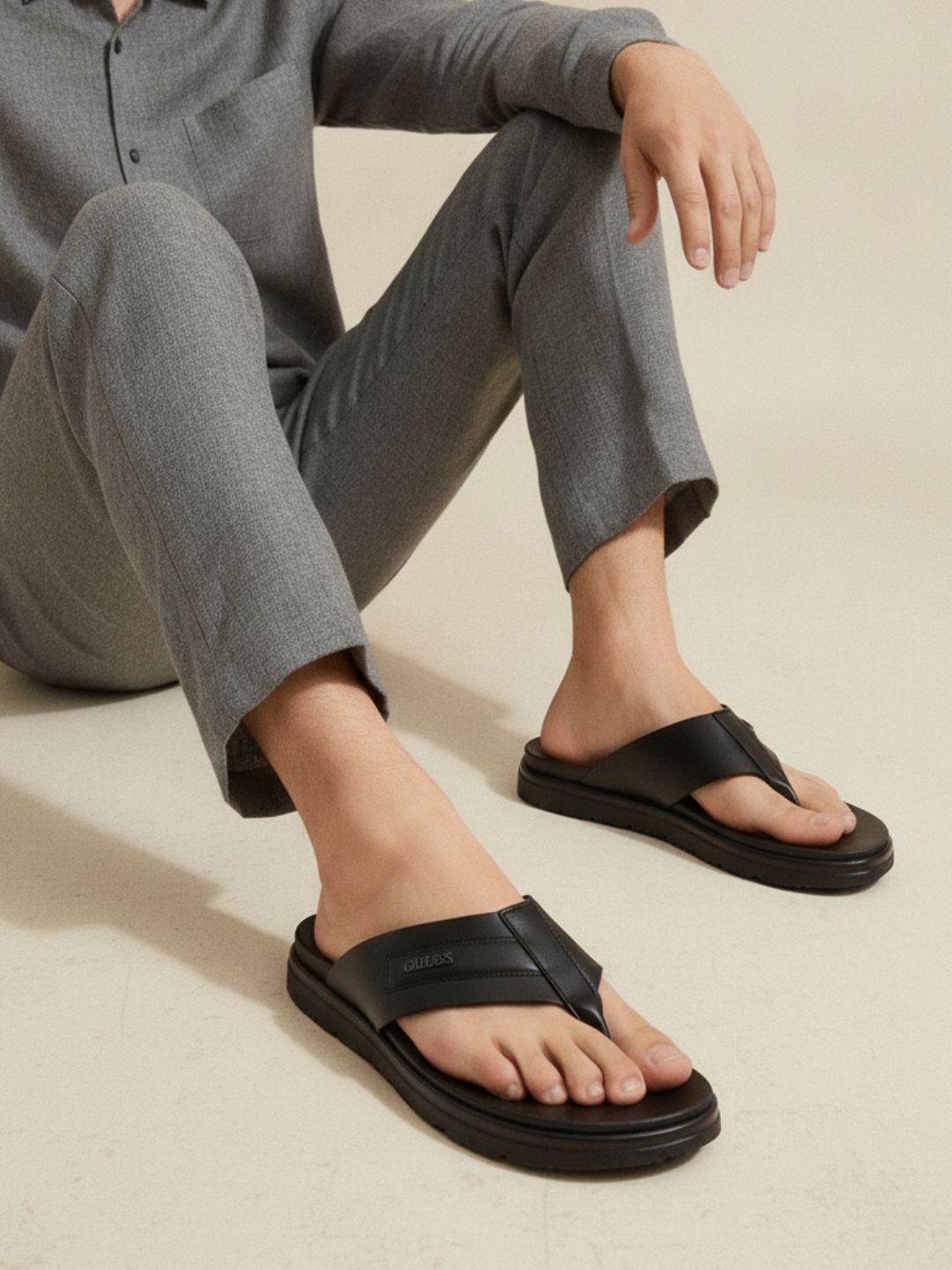 Mens Black Casual Solid T-Strap Slip-On Flats