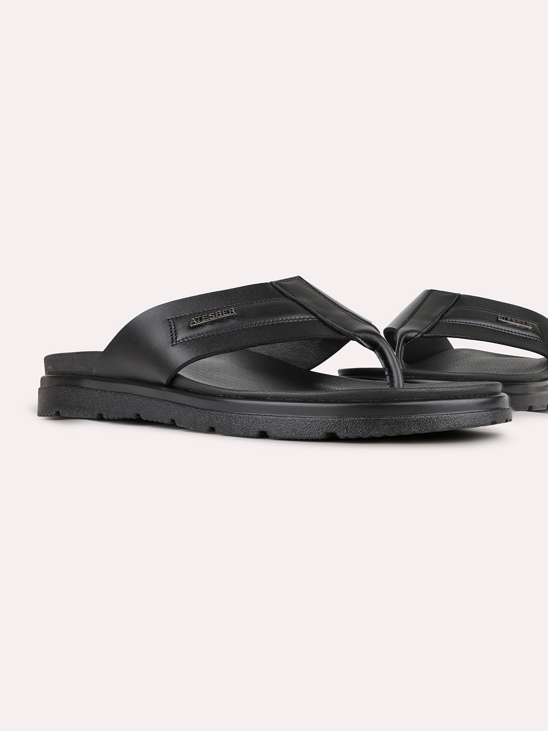 Mens Black Casual Solid T-Strap Slip-On Flats