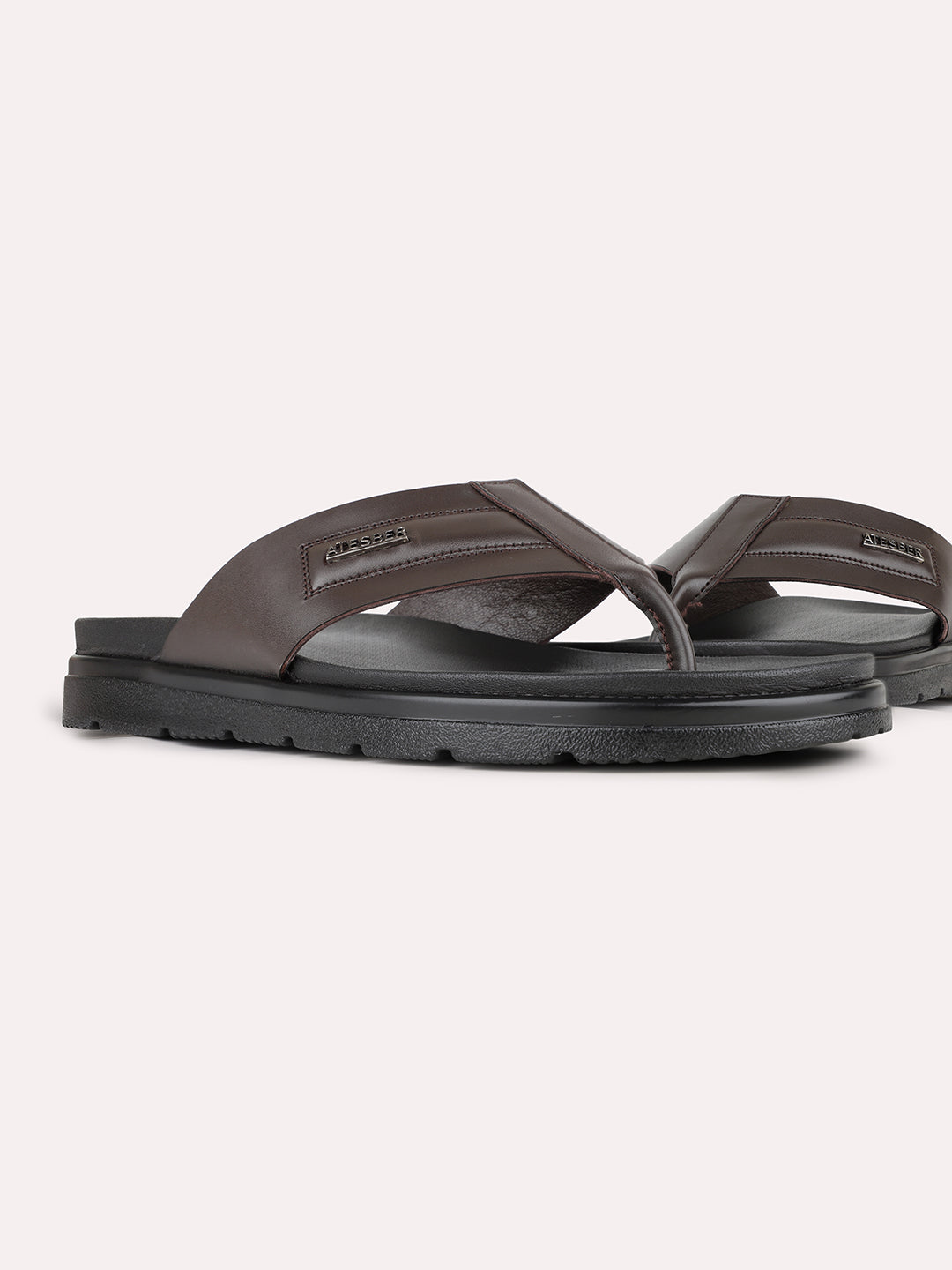 Mens Brown Casual Solid T- Strap Slip-On Flats