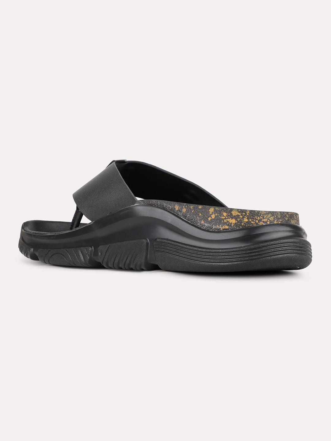 Mens Black Casual Solid T-Strap Toe Slip-On Flats