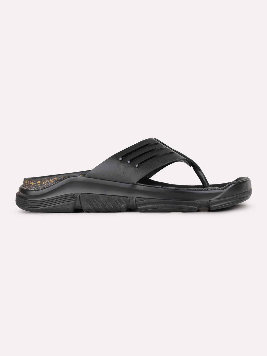 Mens Black Casual Solid T-Strap Toe Slip-On Flats