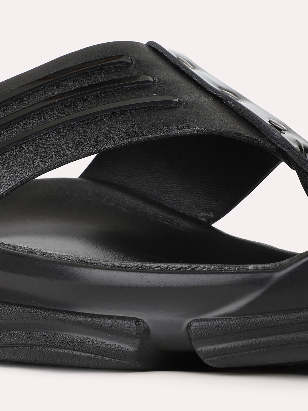 Mens Black Casual Solid T-Strap Toe Slip-On Flats