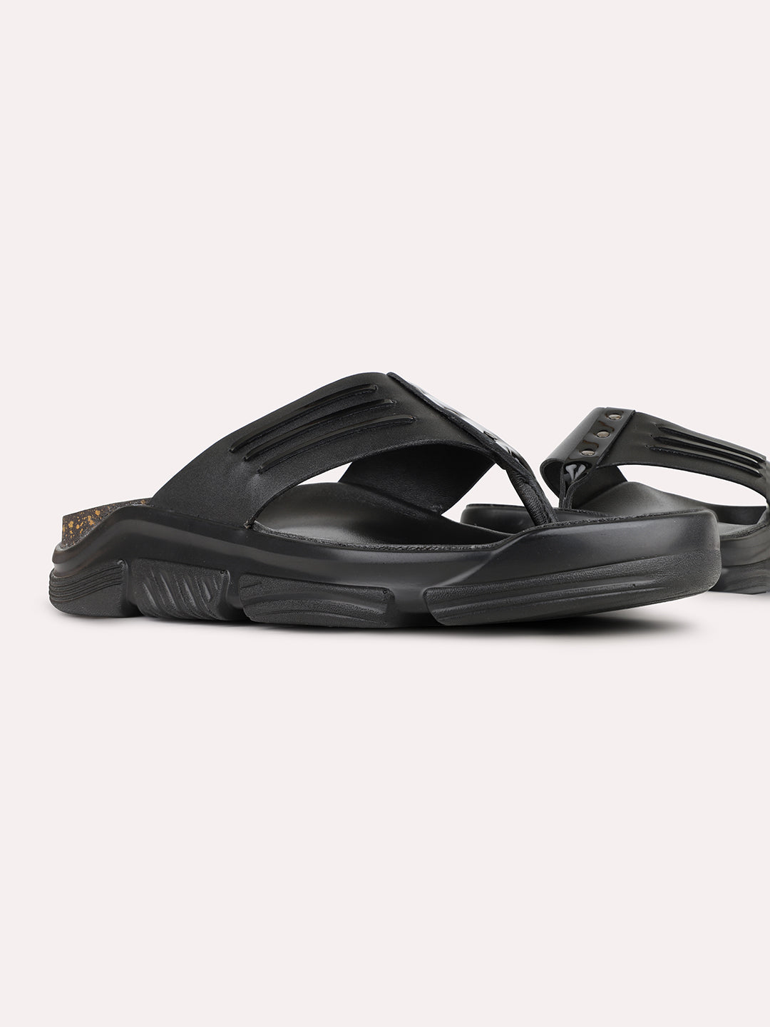 Mens Black Casual Solid T-Strap Toe Slip-On Flats
