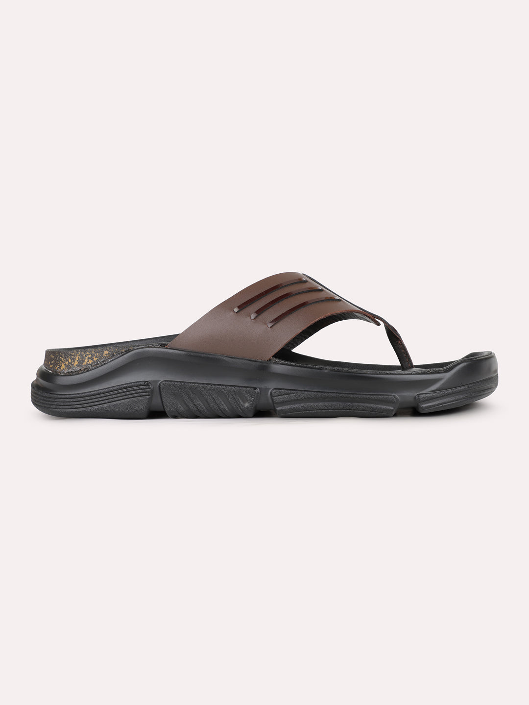 Mens Brown Casual Solid T-Strap Toe Slip-On Flats