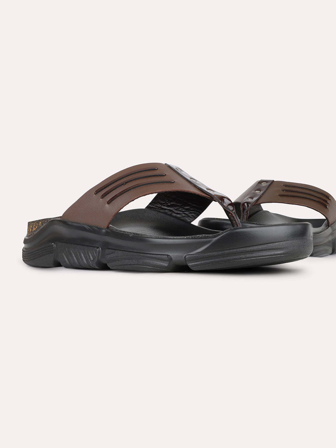 Mens Brown Casual Solid T-Strap Toe Slip-On Flats