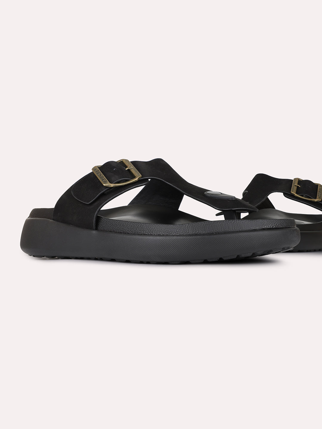 Mens Black Casual Solid T-Strap Flat Slip-Ons