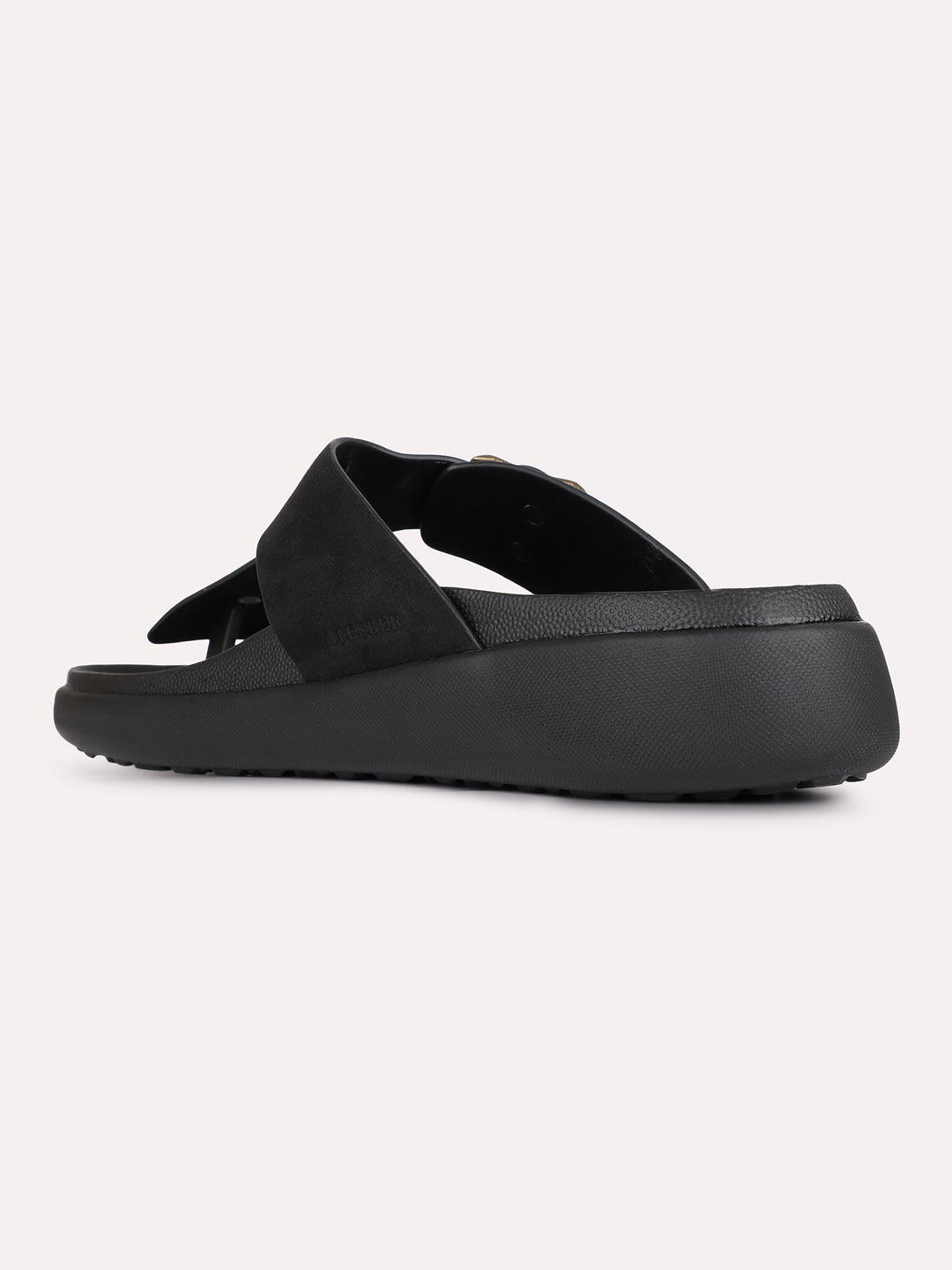 Mens Black Casual Solid T-Strap Flat Slip-Ons