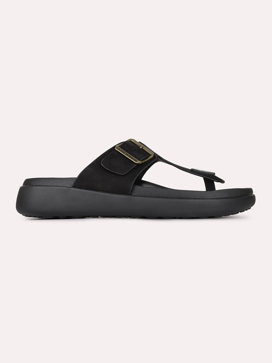 Mens Black Casual Solid T-Strap Flat Slip-Ons