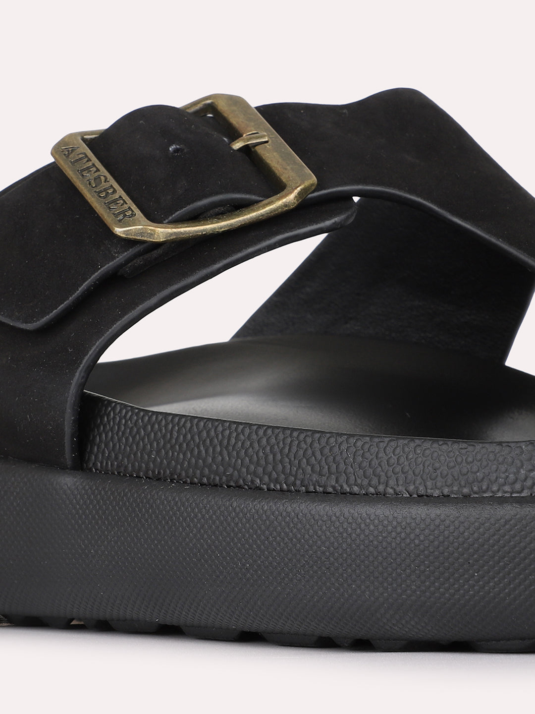 Mens Black Casual Solid T-Strap Flat Slip-Ons