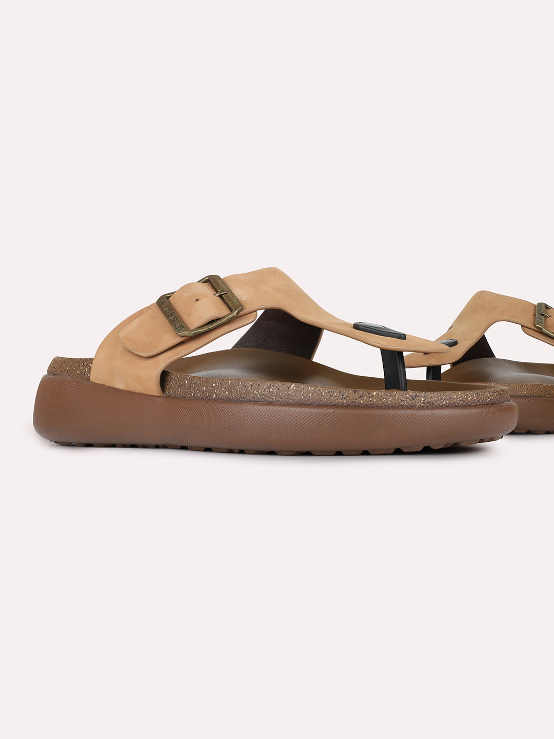 Mens Tan Casual Solid T-Strap Slip-On Flats