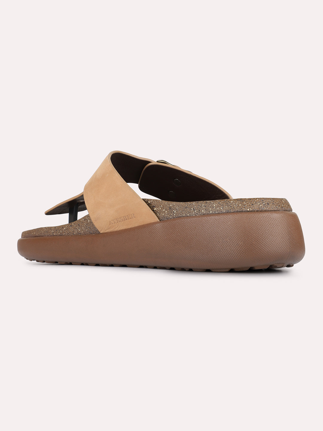 Mens Tan Casual Solid T-Strap Slip-On Flats