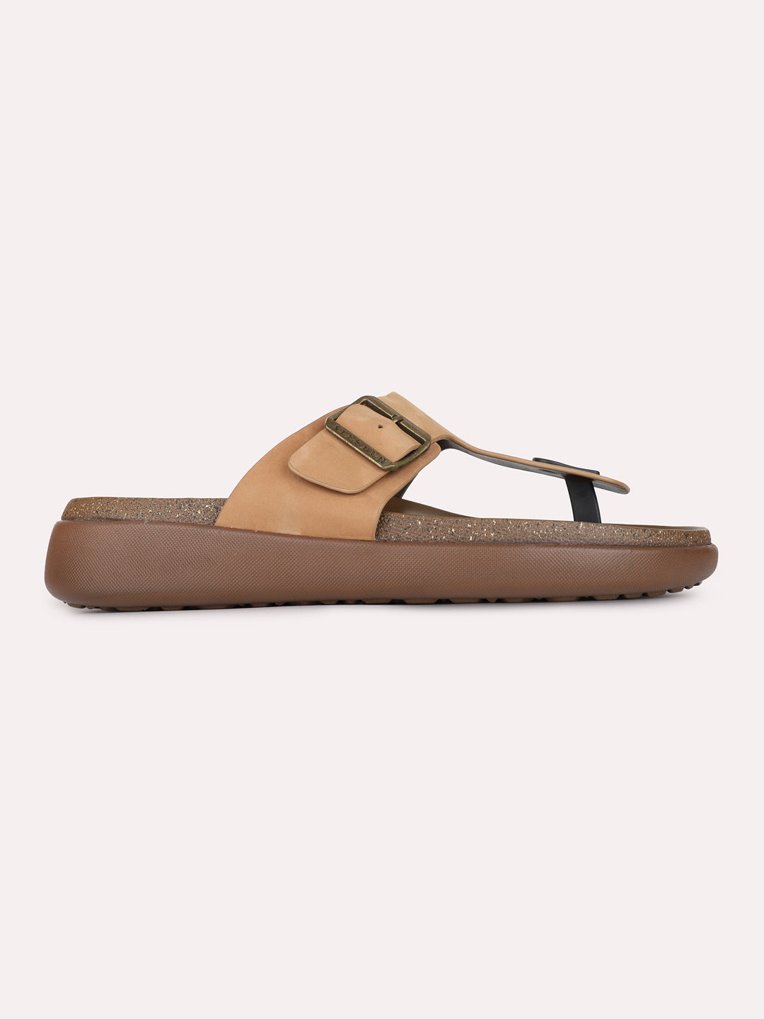 Mens Tan Casual Solid T-Strap Slip-On Flats