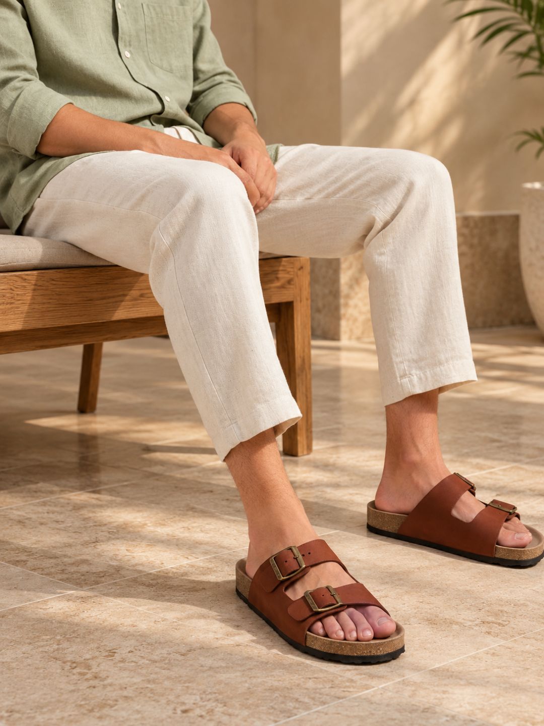 Mens Brown Casual Solid Open Toe Slip-On Flats