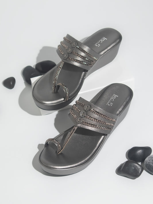 Women Pewter Embellished Wedges