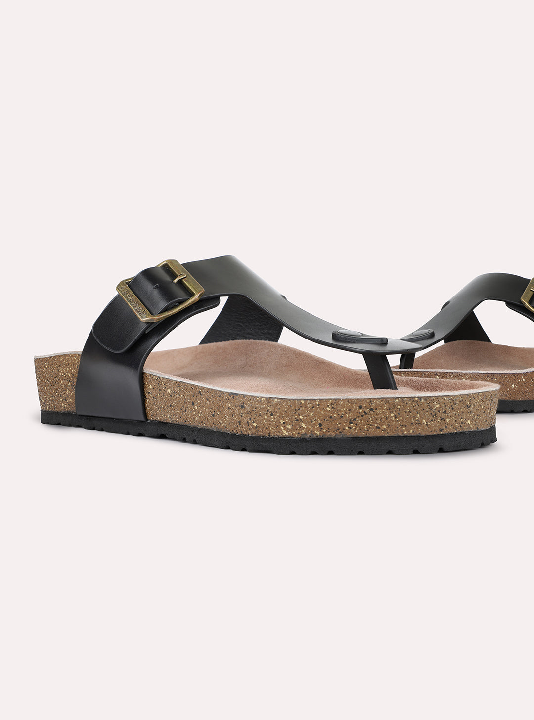 Mens Black Casual Solid T-Strap Flats