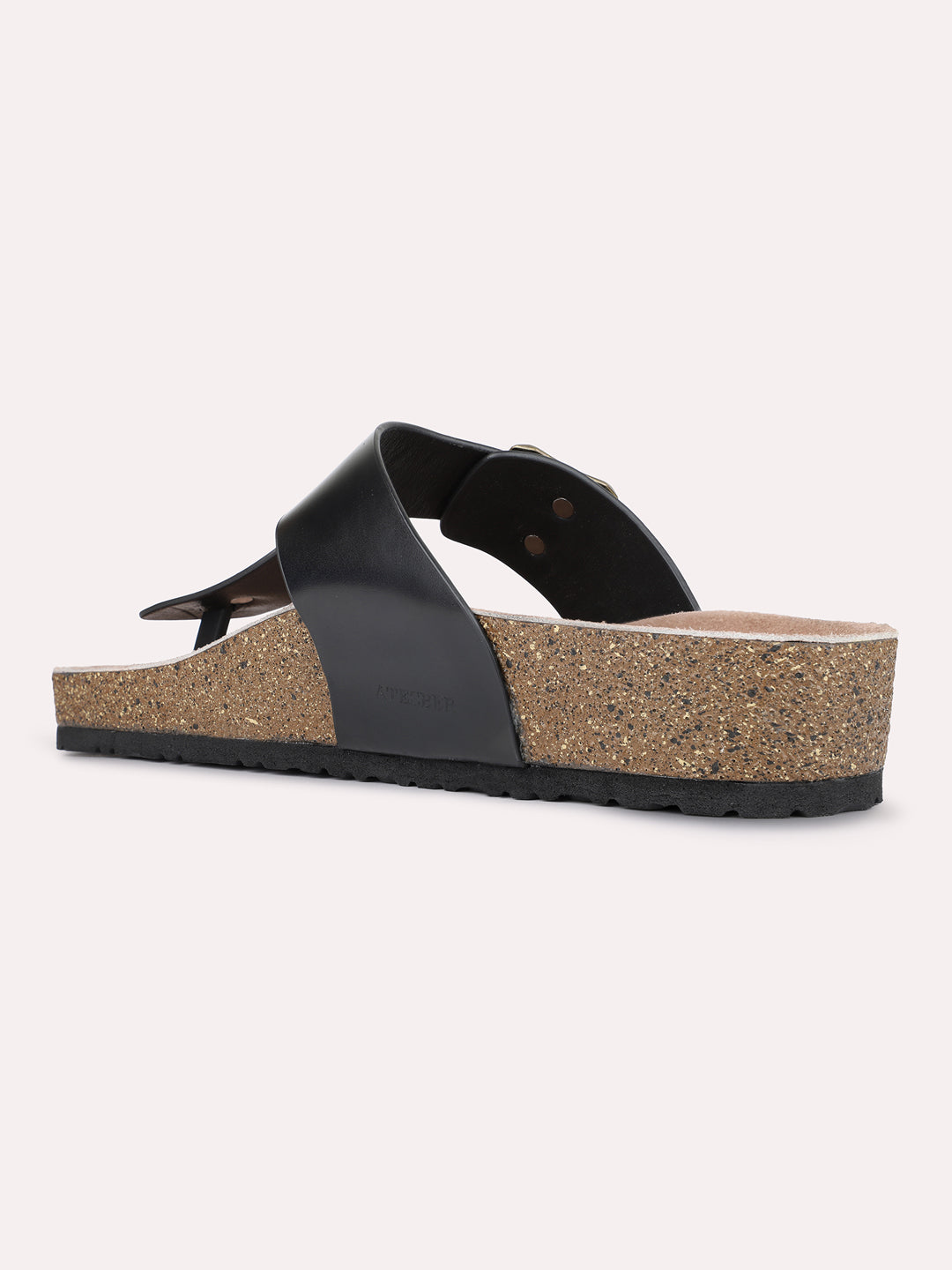 Mens Black Casual Solid T-Strap Flats