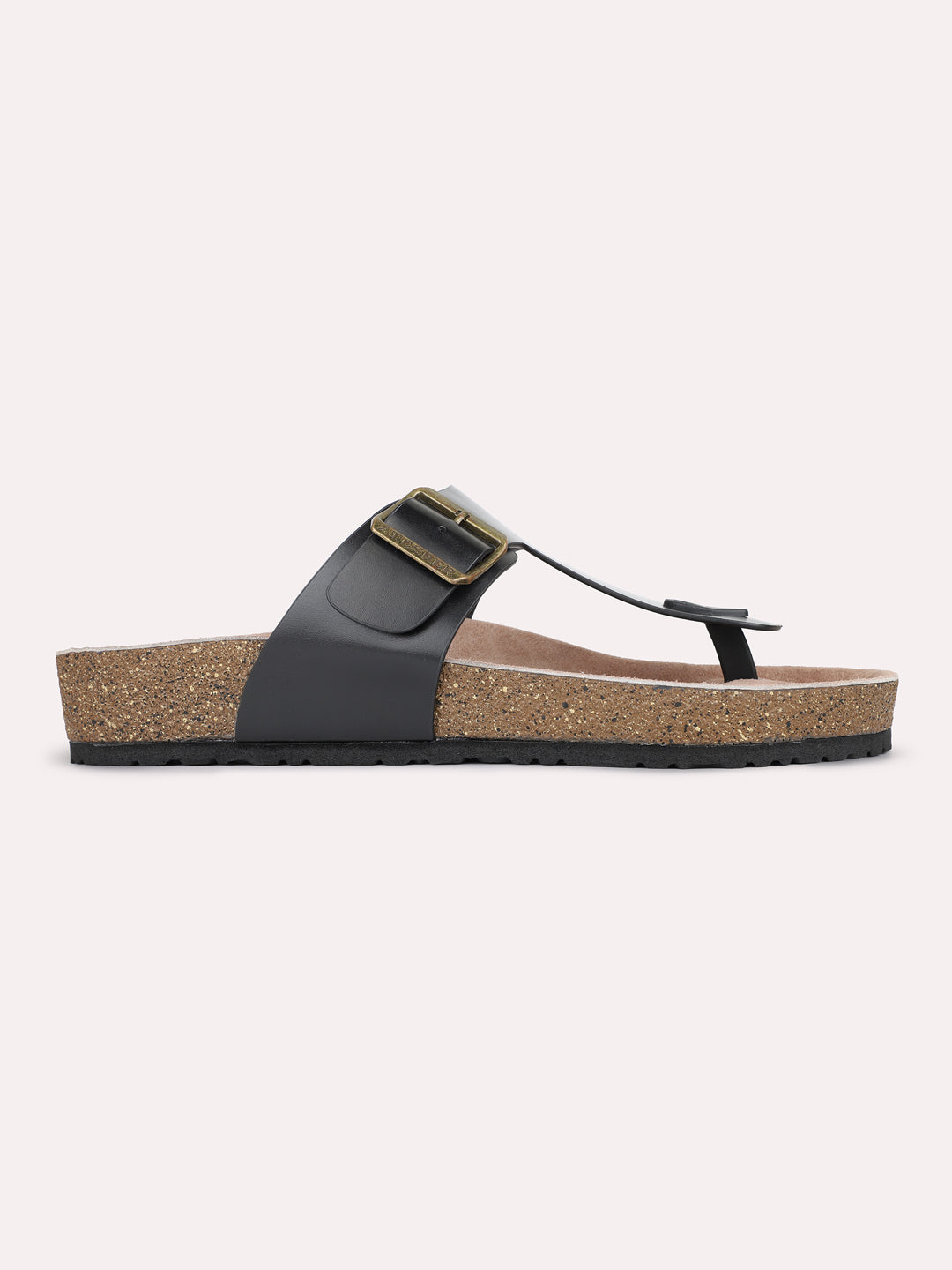 Mens Black Casual Solid T-Strap Flats