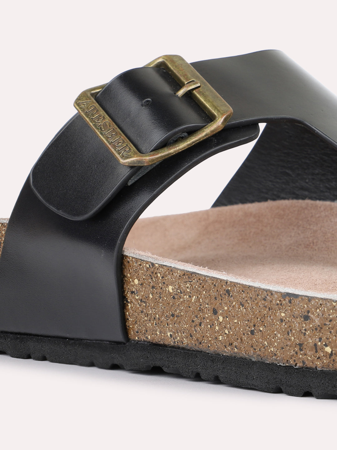 Mens Black Casual Solid T-Strap Flats