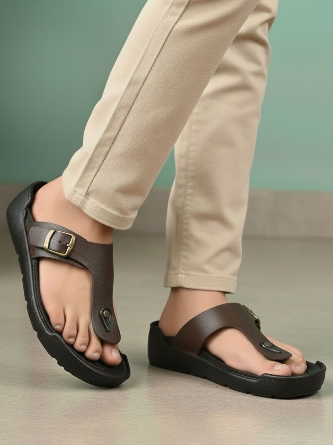 Mens Brown Casual Solid T-Strap Slip-On Flats