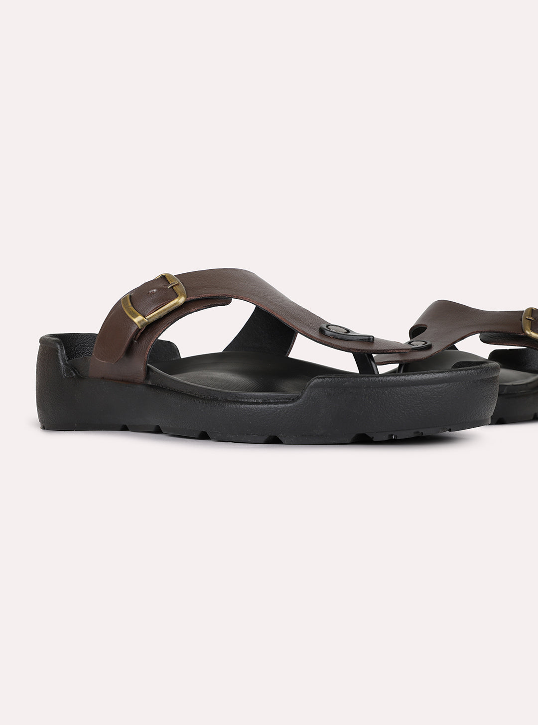 Mens Brown Casual Solid T-Strap Slip-On Flats