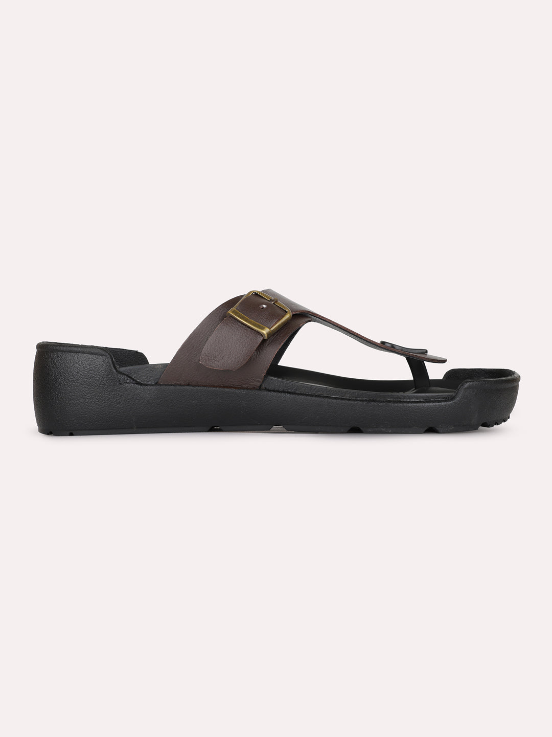 Mens Brown Casual Solid T-Strap Slip-On Flats