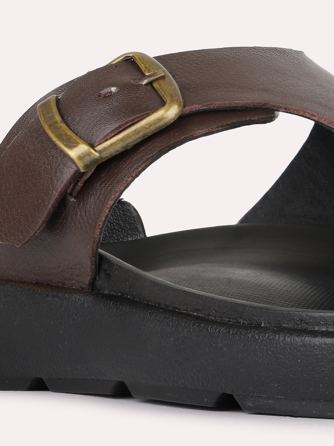 Mens Brown Casual Solid T-Strap Slip-On Flats