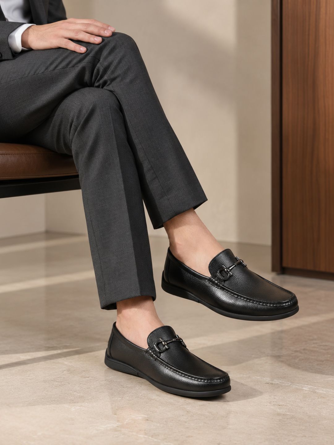 Mens Black Casual Solid Square Toe Loafers