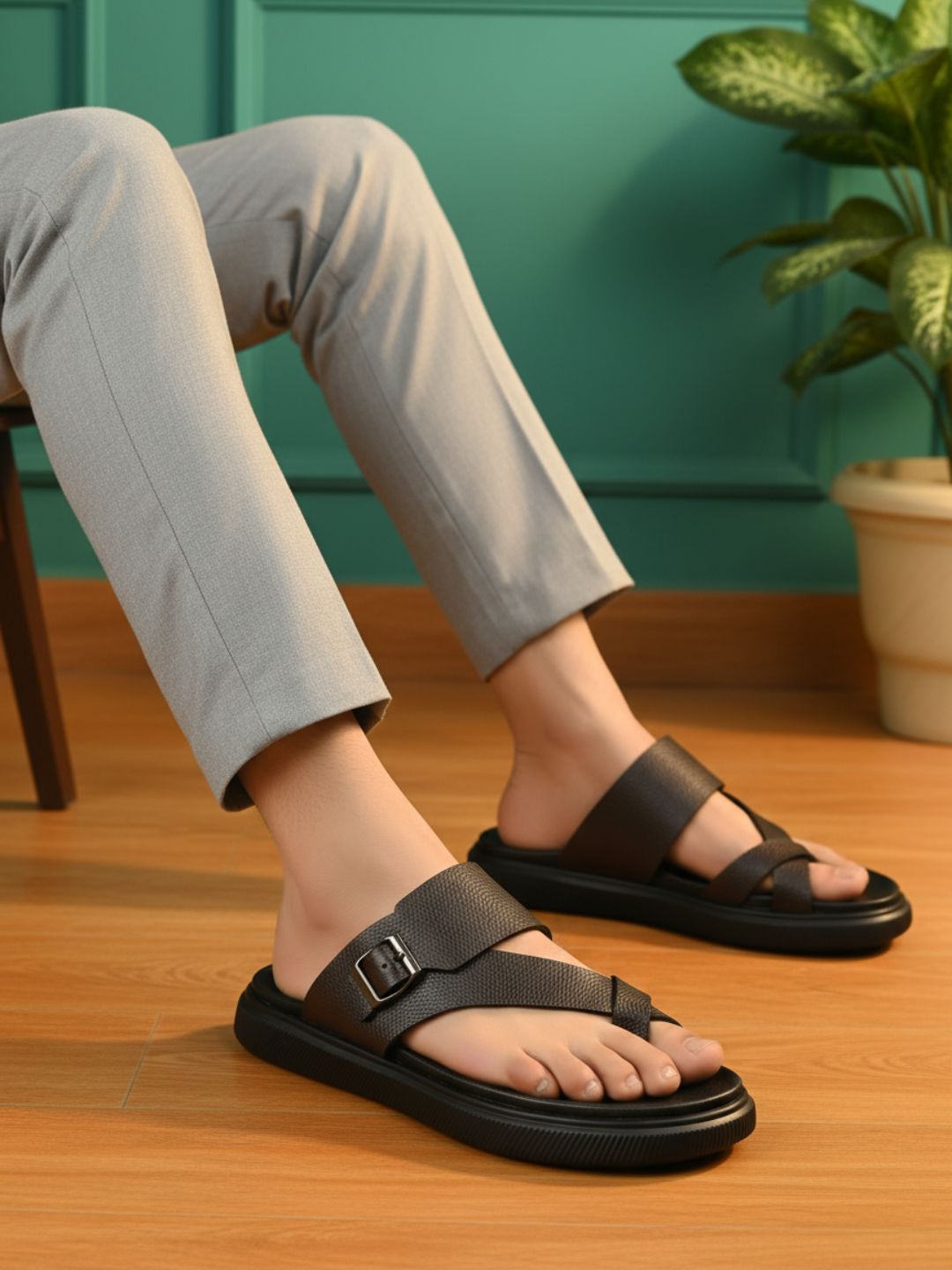Mens Brown Casual Striped Round Toe Slip-On Flats