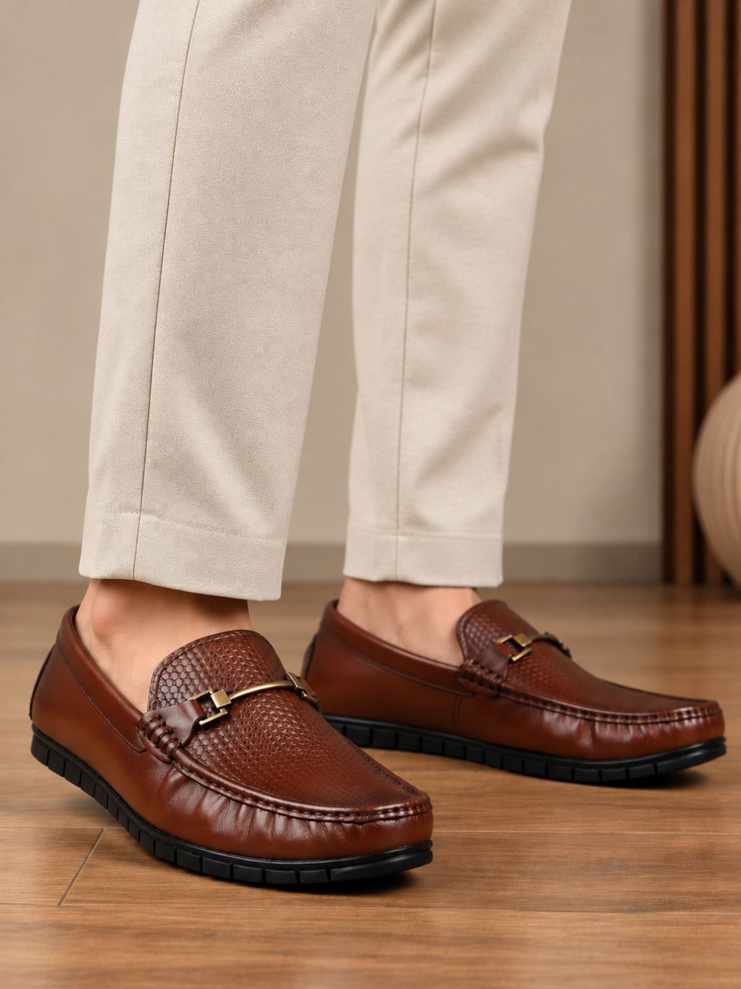 Mens Tan Casual Solid Pattern Square Toe Loafers