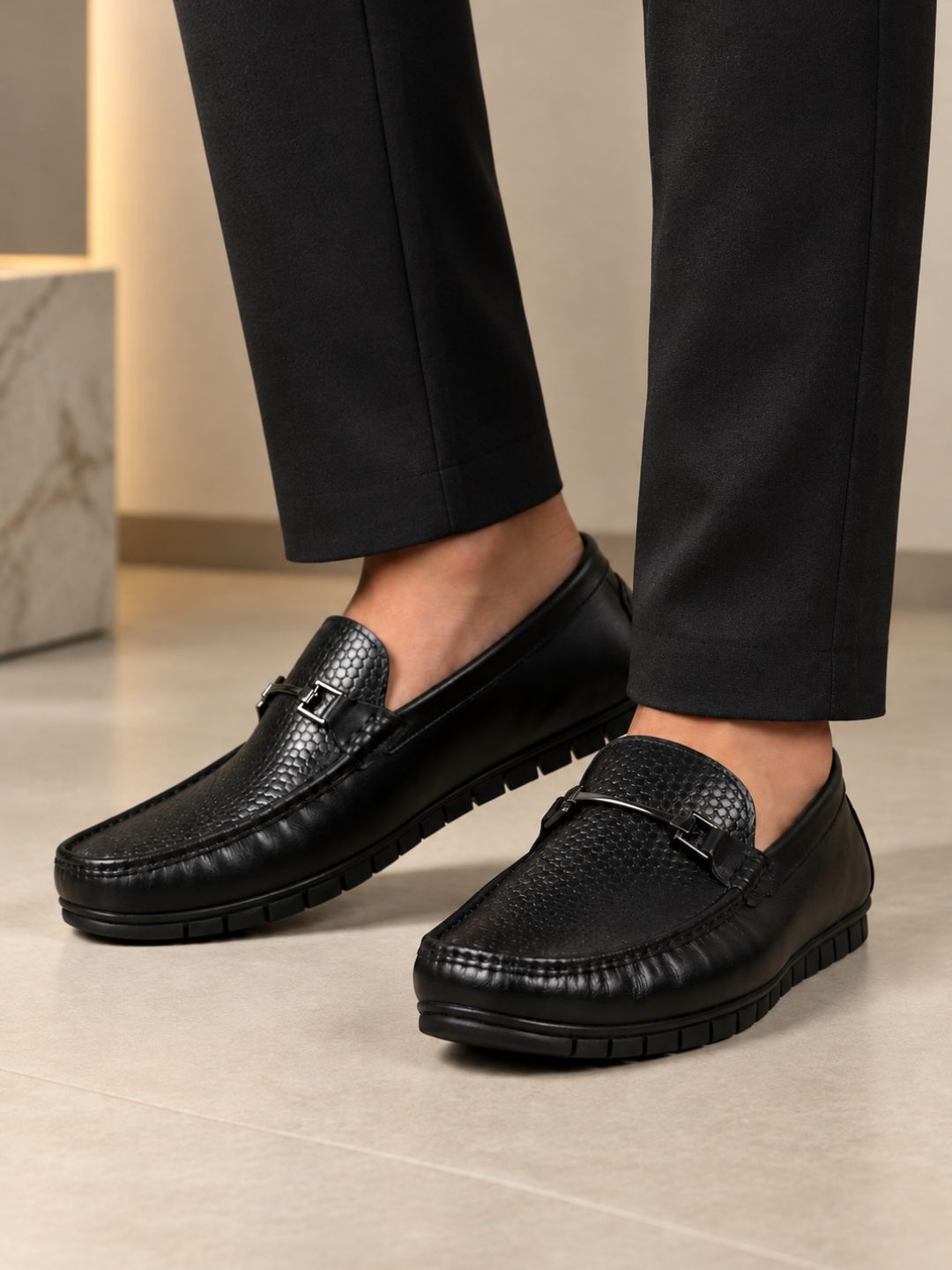 Mens Black Casual Solid Square Toe Shape Loafers