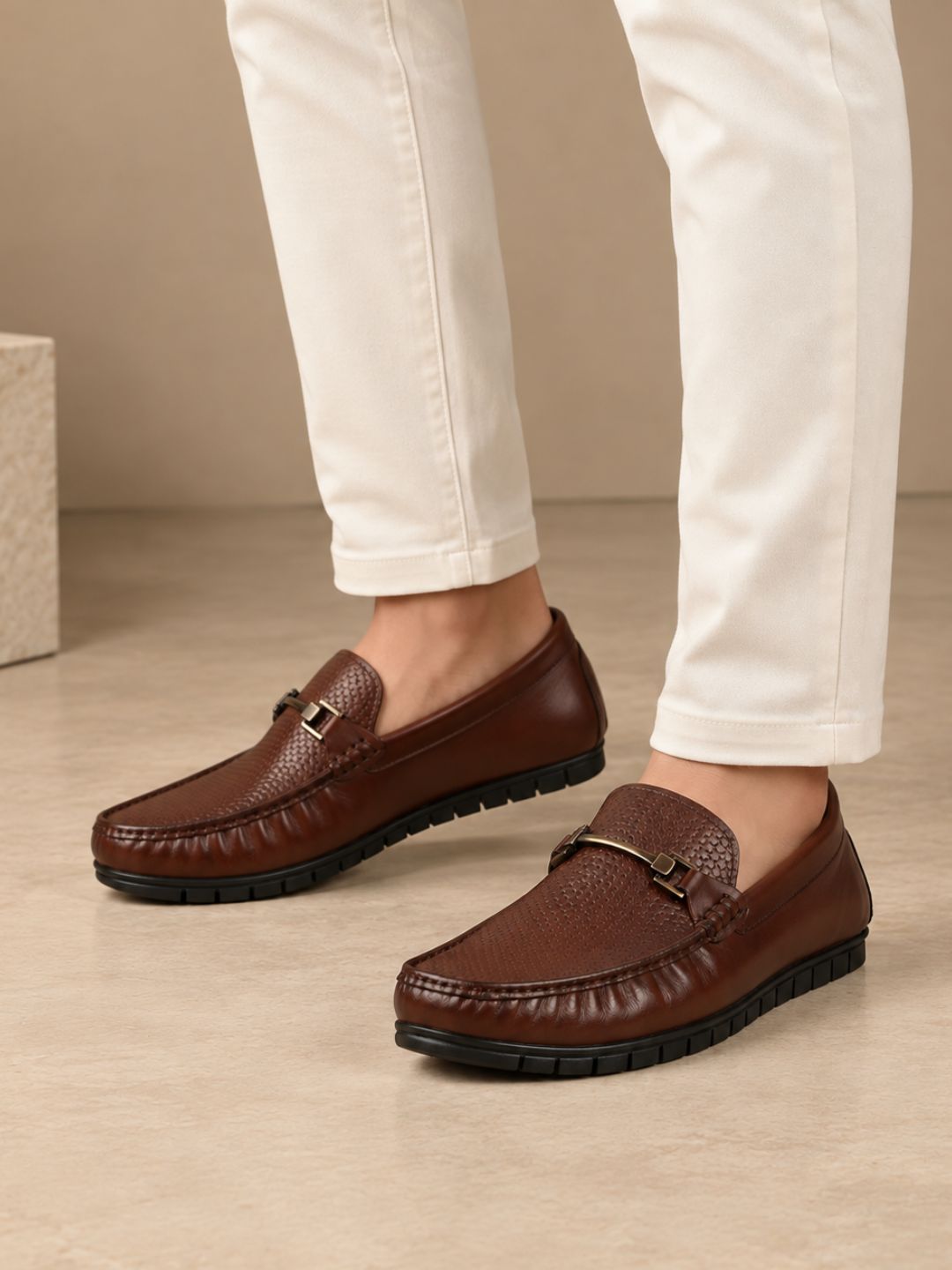 Mens Tan Casual Solid Square Toe Loafers