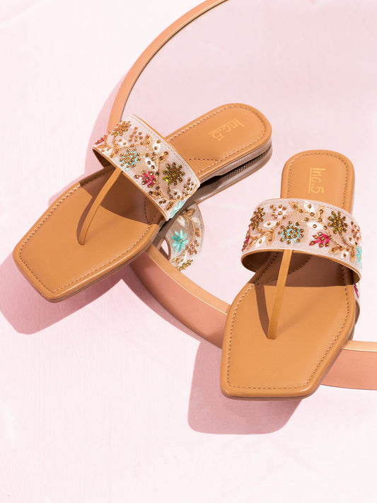 Women Beige & Gold-Toned Embroidered T-Strap Flats