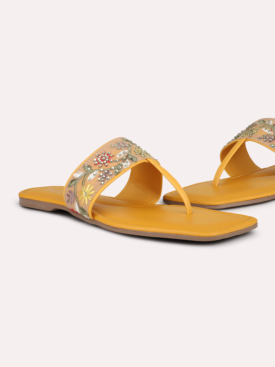 Women Mustard & Silver-Toned Embroidered T-Strap Flats