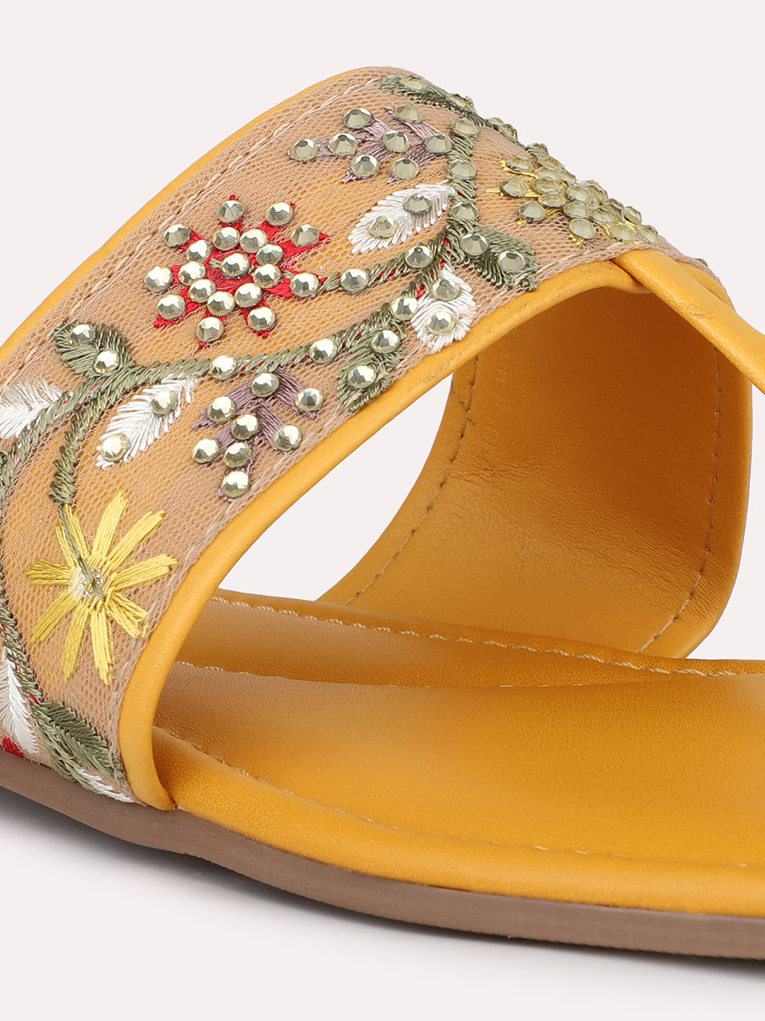 Women Mustard & Silver-Toned Embroidered T-Strap Flats