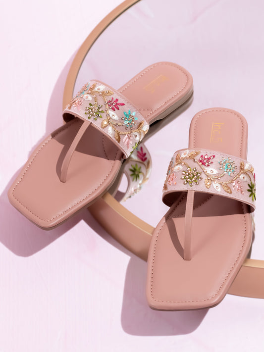 Women Peach & Silver-Toned Embroidered T-Strap Flats