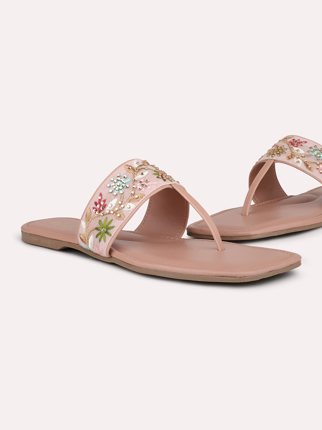 Women Peach & Silver-Toned Embroidered T-Strap Flats