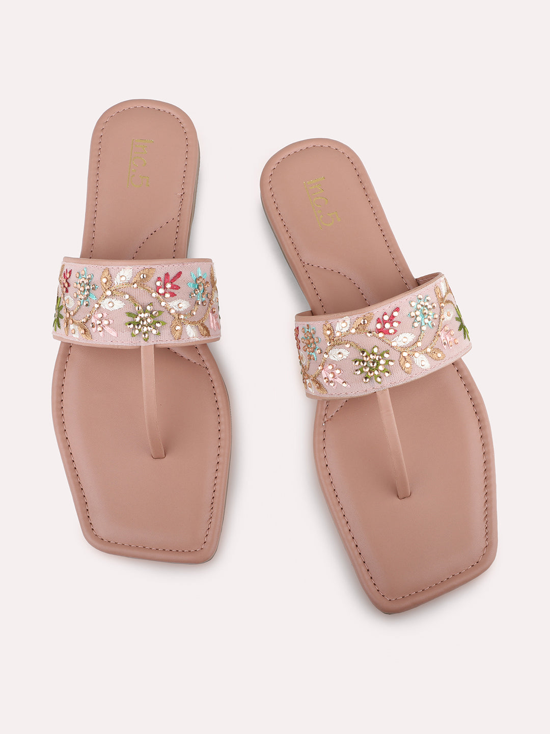 Women Peach & Silver-Toned Embroidered T-Strap Flats