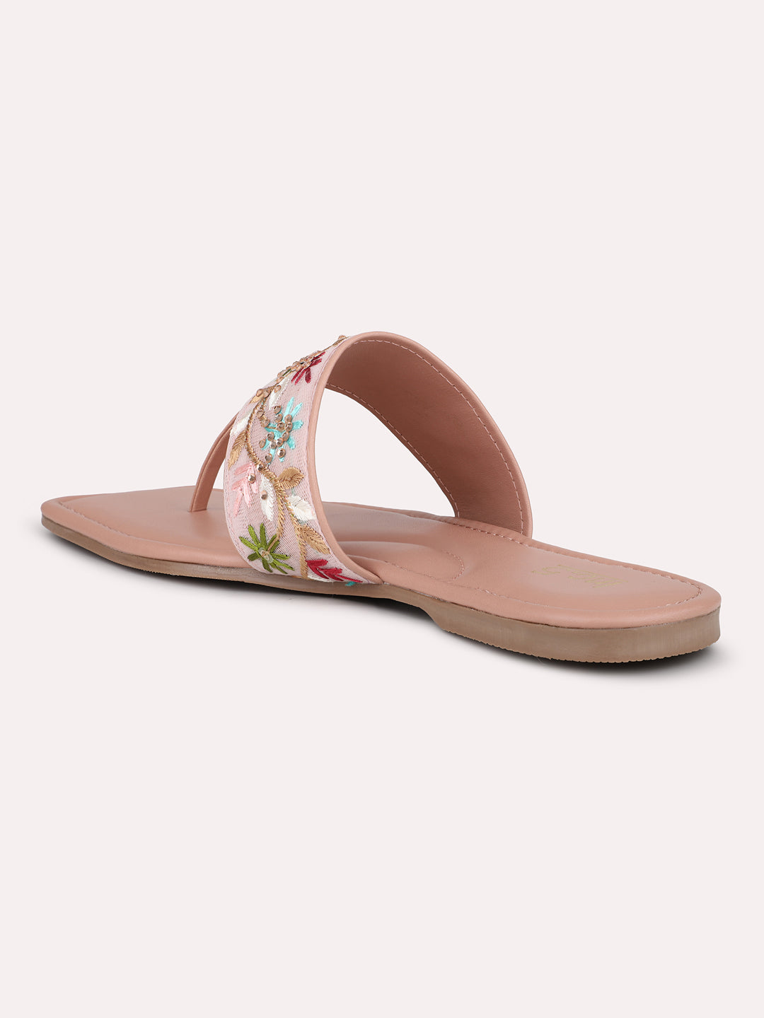 Women Peach & Silver-Toned Embroidered T-Strap Flats