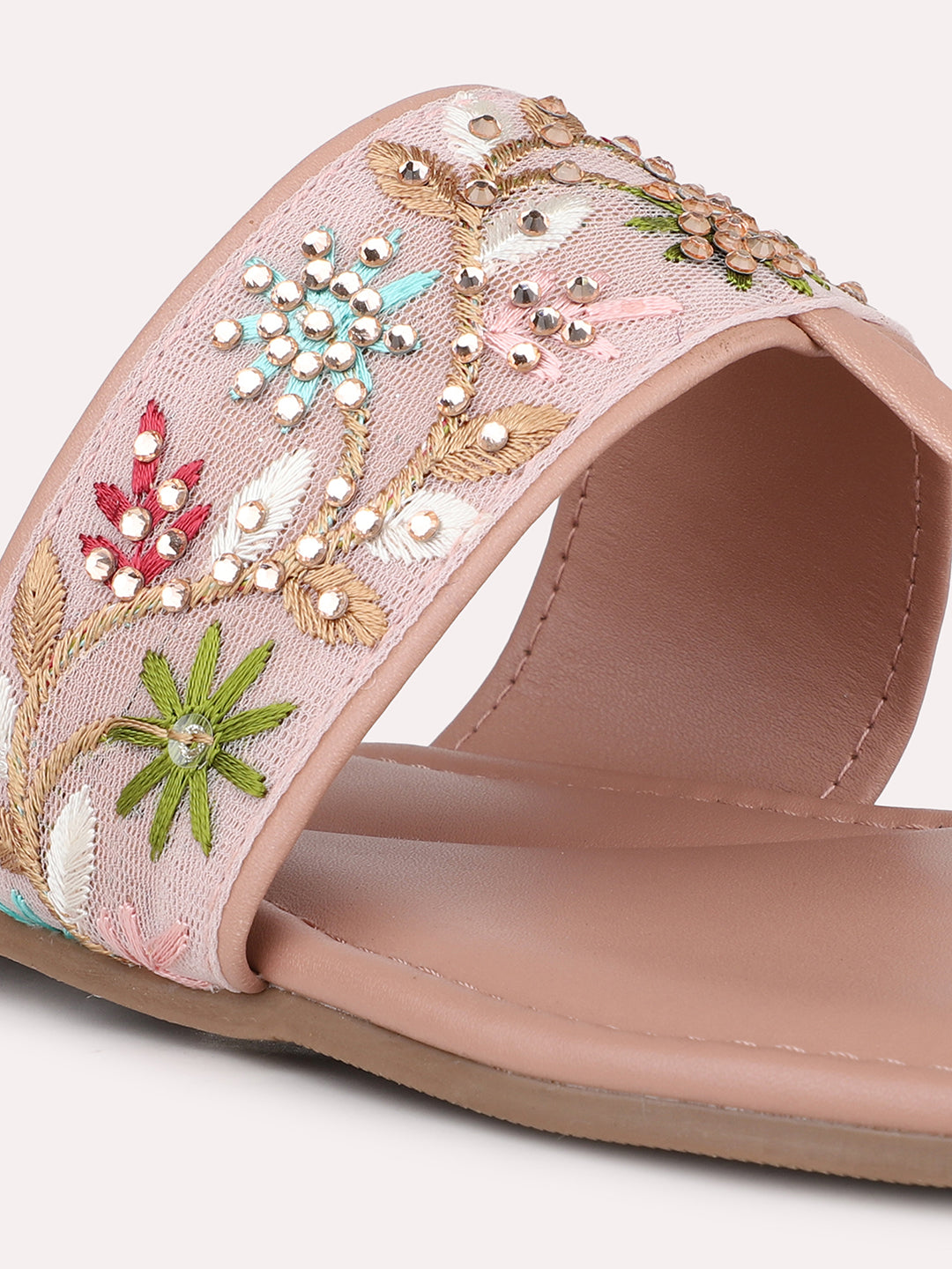 Women Peach & Silver-Toned Embroidered T-Strap Flats