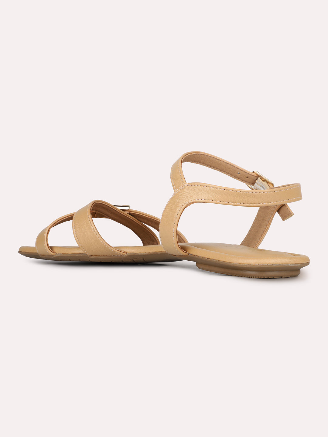 Womens Beige Casual Striped Open Toe Flat Sandals