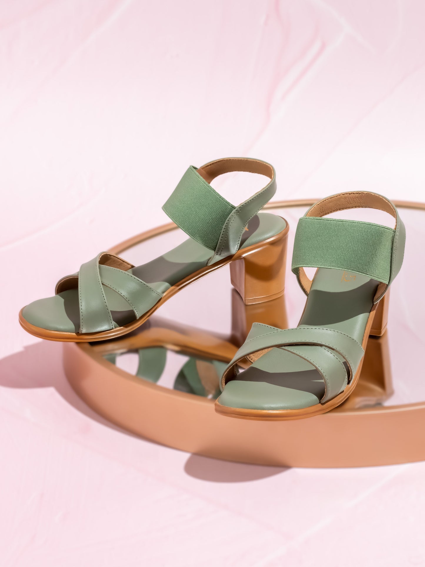 Women Green Criss-Cross Strap Block Heels With Backstrap